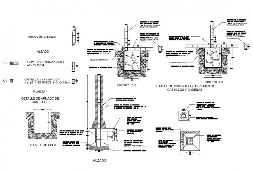 Detail of foundations and anchors of castles and chains dwg file