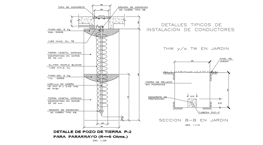 Detail of installation of conductor with view of elevation and sectional view dwg file