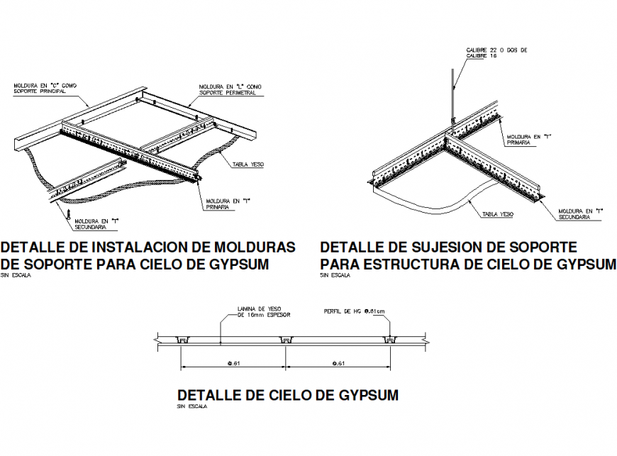 Detail of installation of support molding for cieelo de gypsum isometric view dwg file