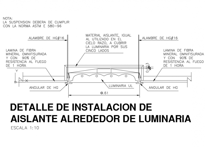 Detail of insulation around luminaire of suspended ceiling dwg file