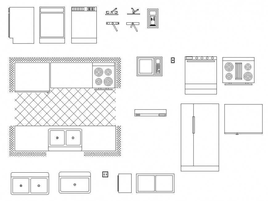 Detail of kitchen equipment blocks 2d view layout file in dwg format