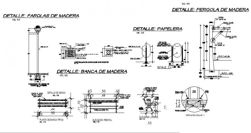 Detail of lamp benches and west paper box furniture detail in auto cad