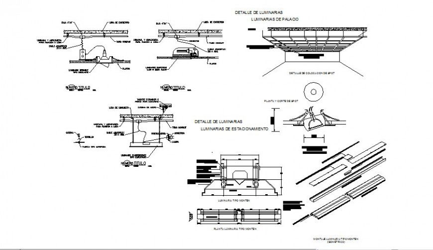 Detail of lighting unit installation 2d view layout autocad file