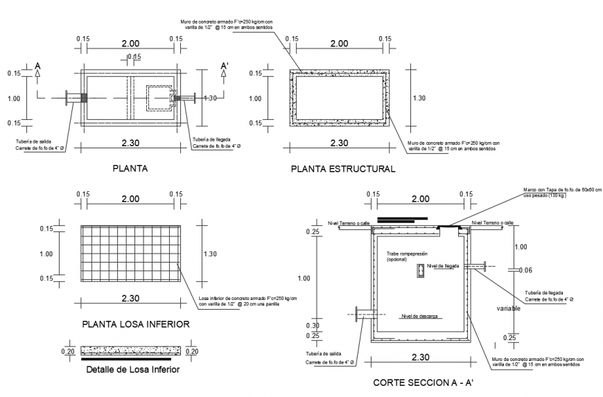 Detail of lower slab pressure breaker box type structure dwg file