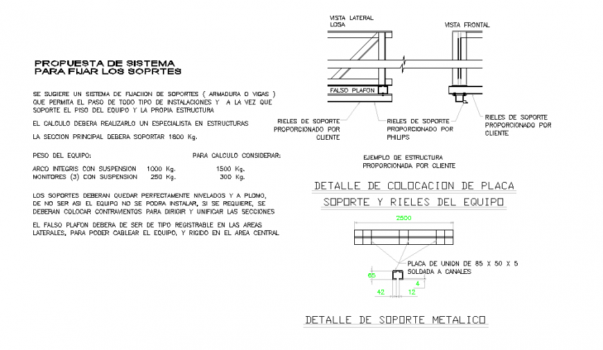 Detail of placement of support plate and equipment rails detail