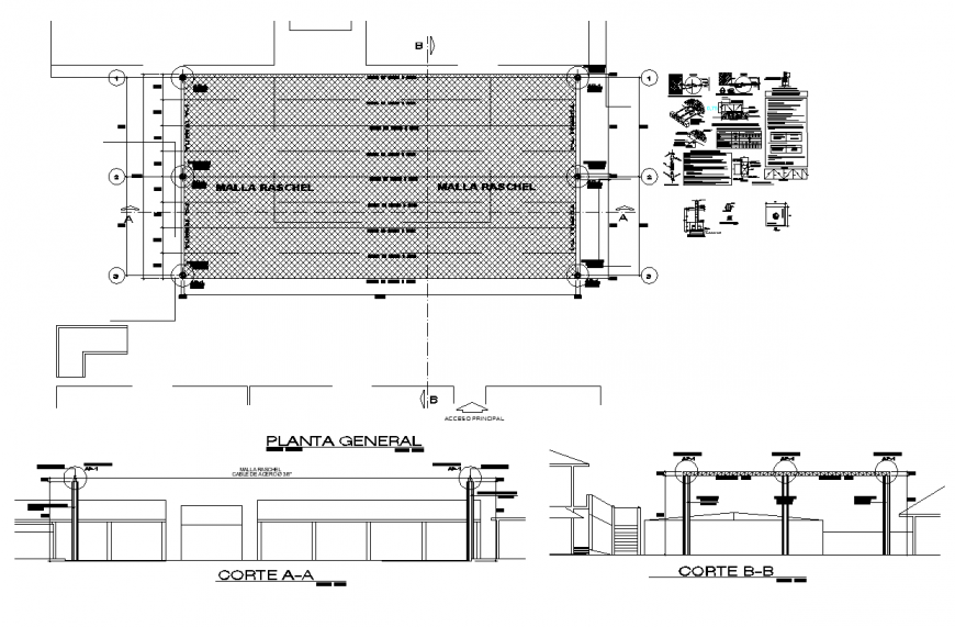 Detail of roofing shade structure plan and section layout autocad file