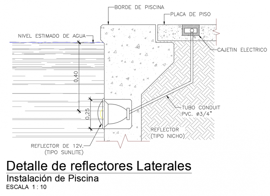 Detail of Side Reflectors Installation of Swimming Pool structure dwg file