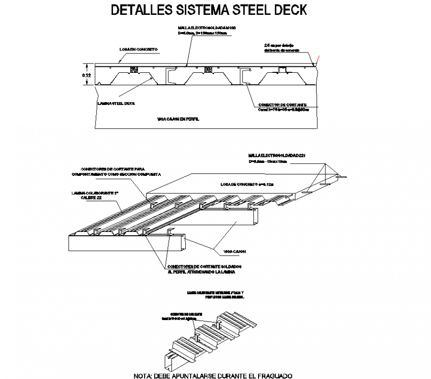Detail of slab in steel deck isometric view