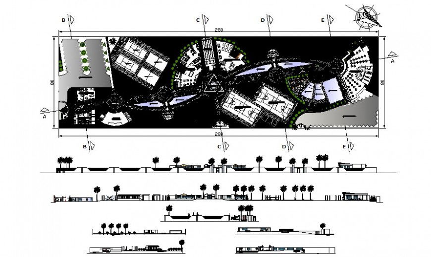 Detail of sports area plan and section drawing in autocad