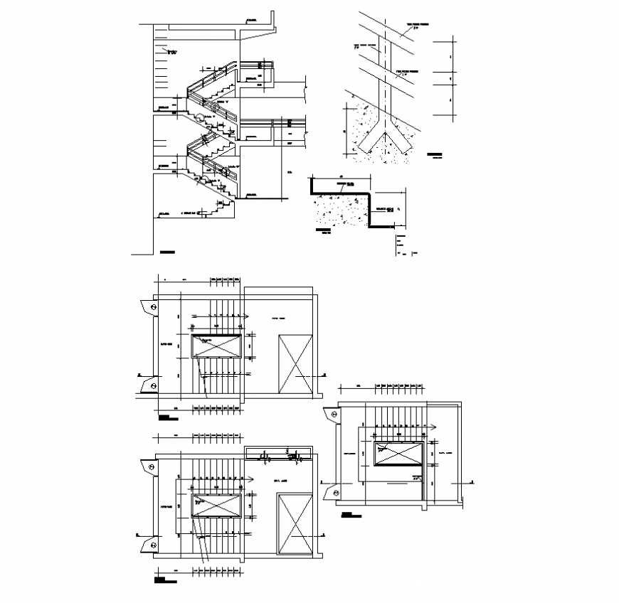 Detail of staircase construction structure detail 2d view elevation and plan layout file