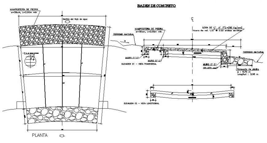 Detail of stone masonry and concrete work in autocad drawing