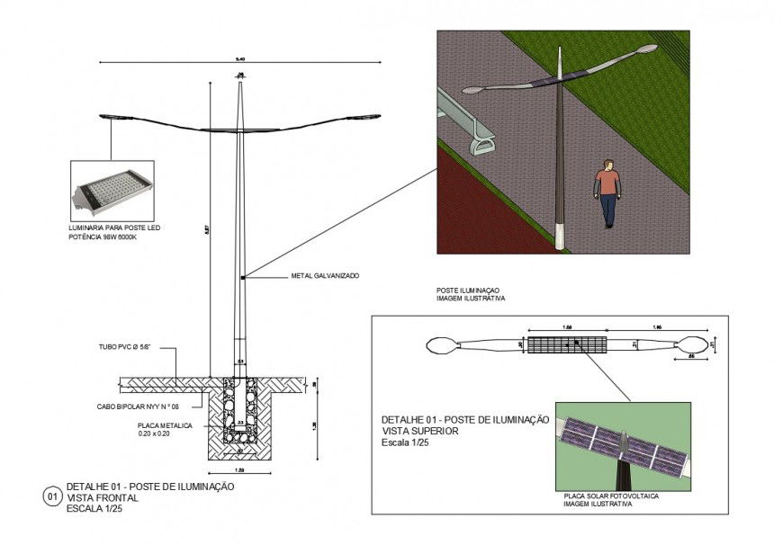 Detail of street light with solar panel layout autocad file