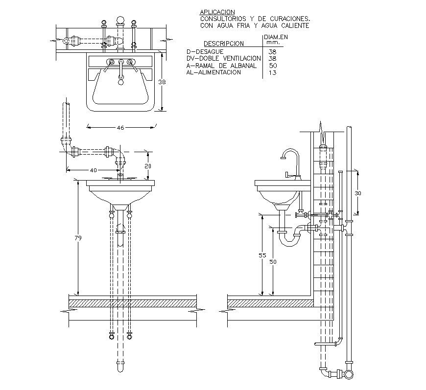 Detail of wash-basin units connection 2d view CAD sanitary block layout autocad file