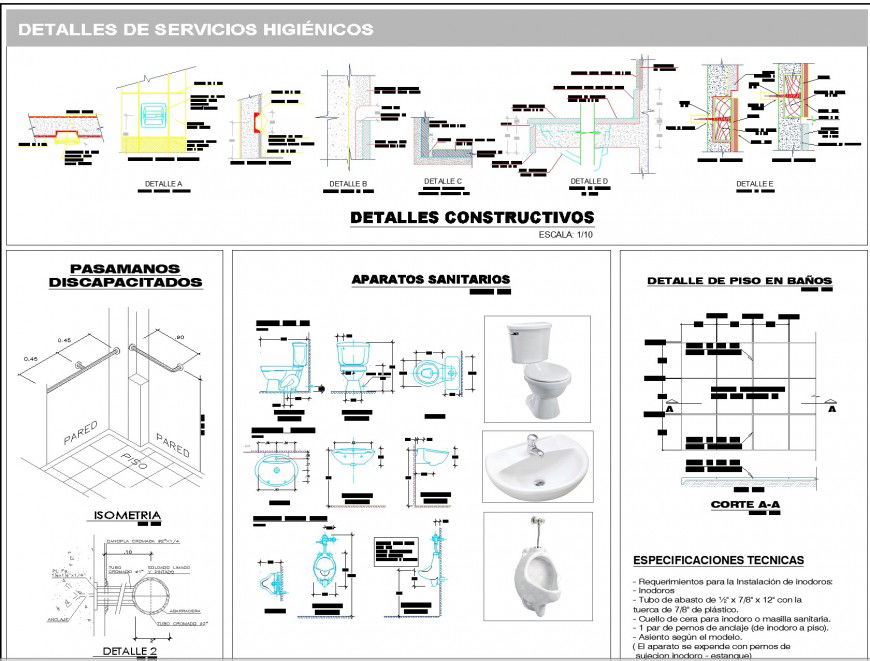 Detail of water closed, sink and urinal plan dwg file