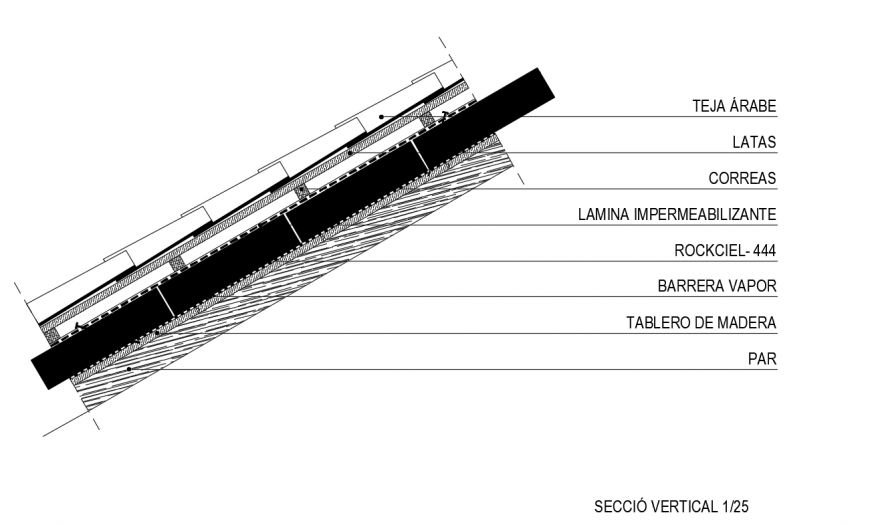 Detail of wooden beamon sloping roof sectional detail dwg file