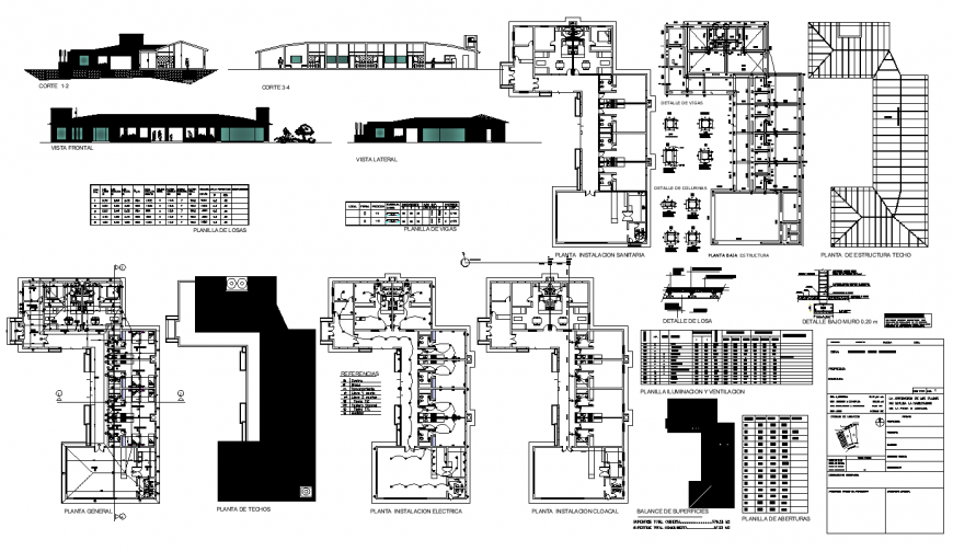 Detail office building elevation, plan and section 2d view dwg file