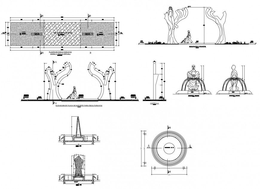 Detail plan, elevation and section of fountain 2d view autocad file