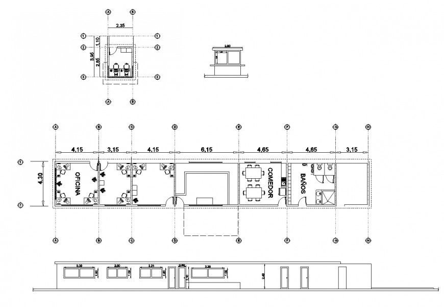 Detail plan and elevation of office building 2d view layout file in autocad format