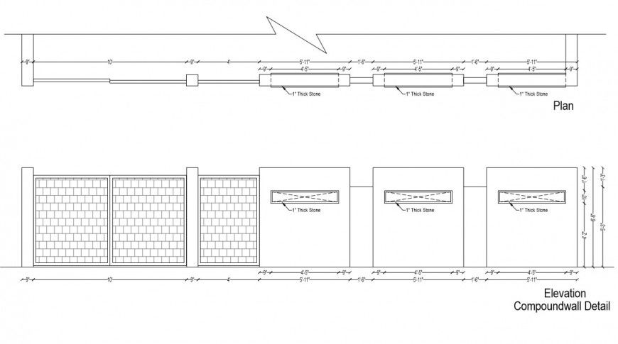 Detail plan and elevation of the compound wall 2d view pdf file