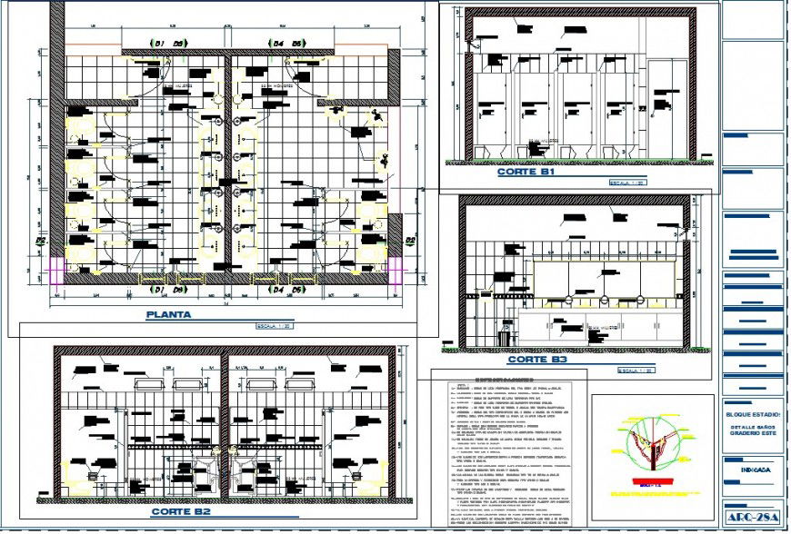 Detail plan and section of sanitary public toilet layout file in dwg format