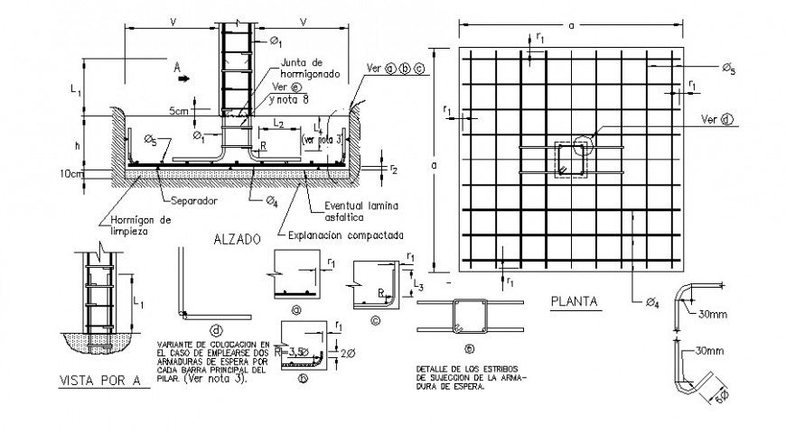 Detail plan and sectional detail of RCC structure autocad file