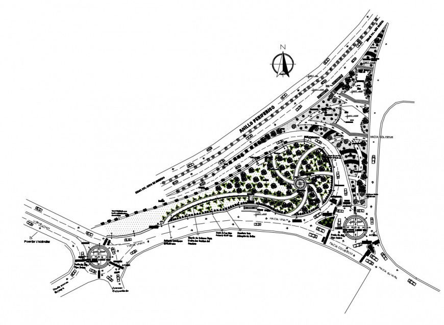 Detail plan of garden with road network 2d view autocad file