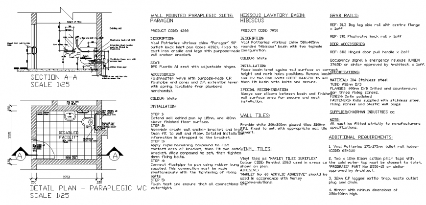 Detail plan paraplegic W.C in DWG file