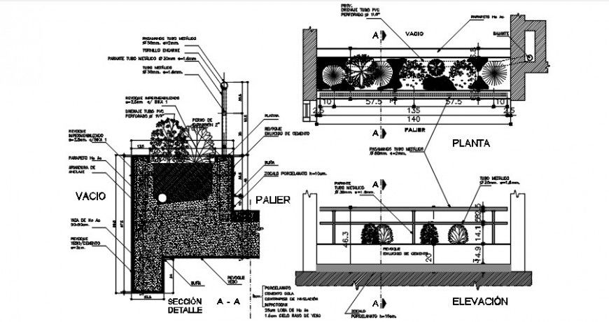 Detail reinforced concrete planter plan elevation and section dwg file