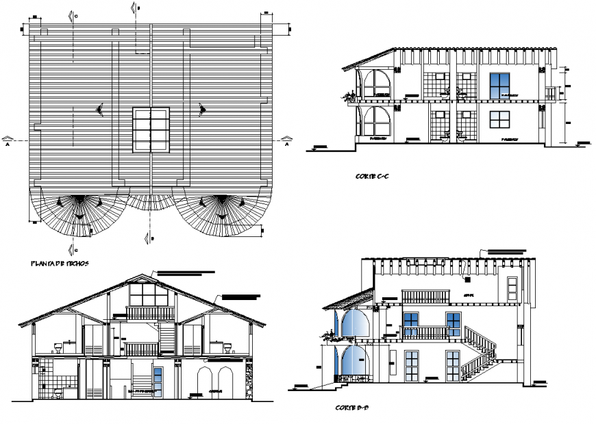 Detail residential bungalow housing structure layout elevation and plan dwg file
