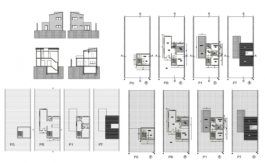 Detail residential housing structure elevation 2d view plan layout file