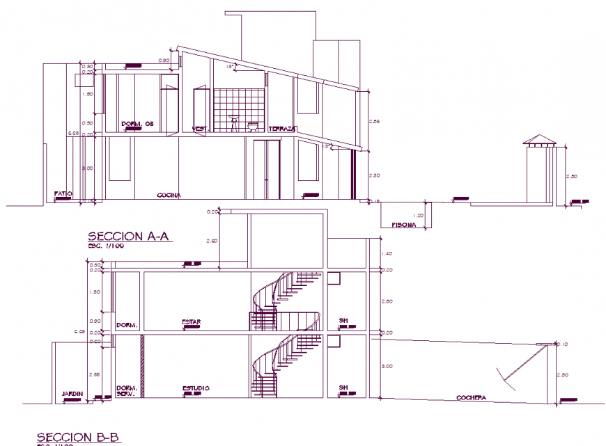 Detail section drawing of bungalow in dwg file.