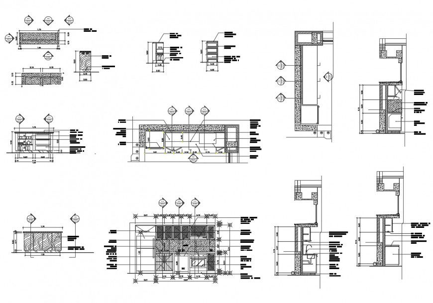 Detail section of kitchen with furniture and appliances autocad file