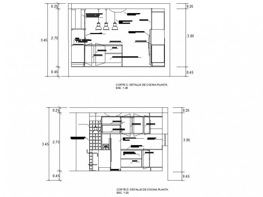 Detail sectional elevation of kitchen in dwg file.