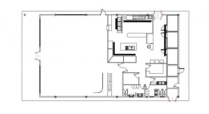 Detail single story restaurant building layout file in Autocad format