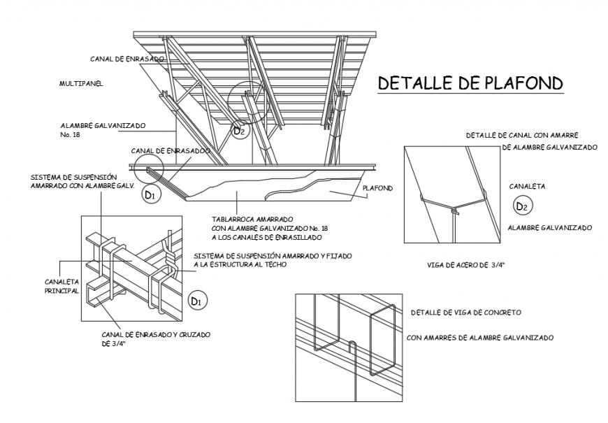 Detail suspended ceiling in isometric structural view dwg file