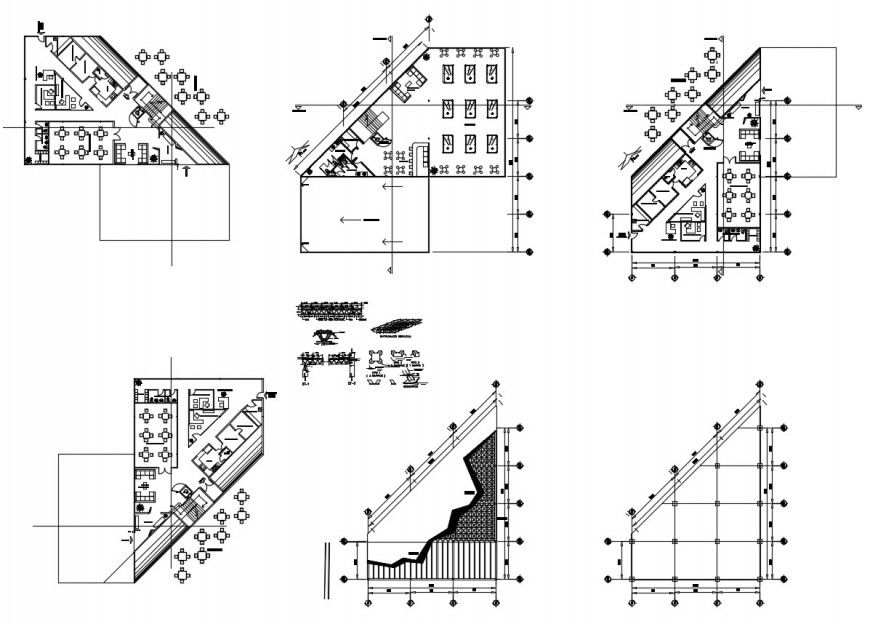 Detail working plan of restaurant building with furniture blocks autocad file