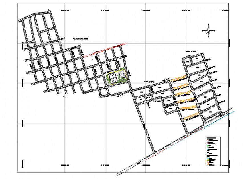 Detail zonal map of urban area 2d view layout file in dwg format