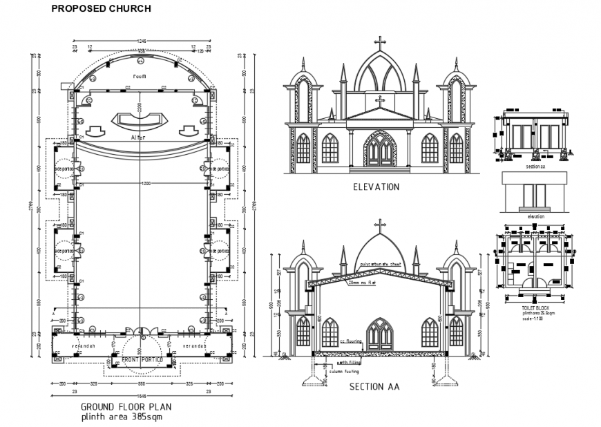 Detailed architecture project of religious church dwg file