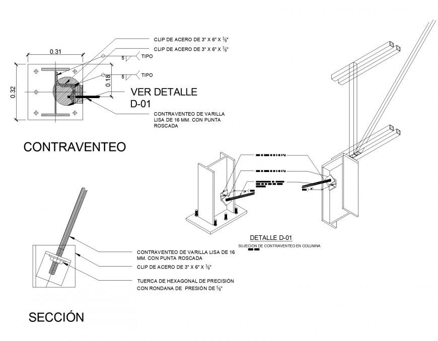 Details of bracing in steel plan and section autocad file