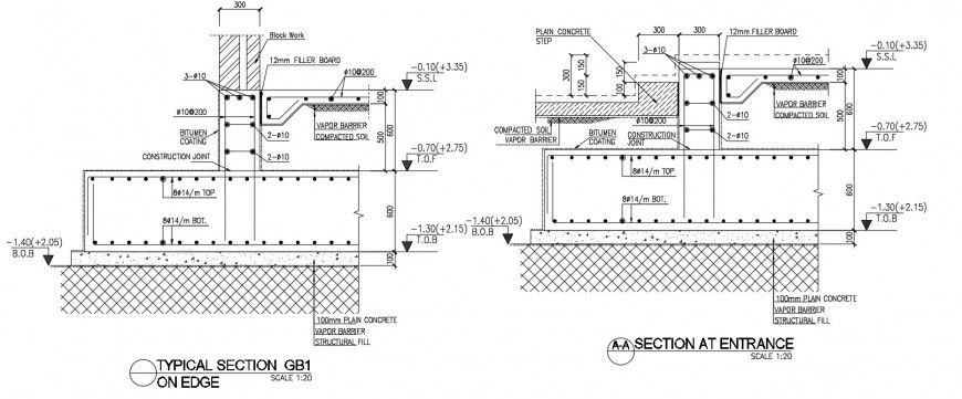 Details of combined foundation RCC structural blocks dwg file
