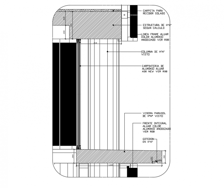 Details of constructive wall structure with curtain dwg file