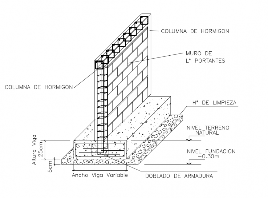 Details of cover wall and traditional construction foundation dwg file