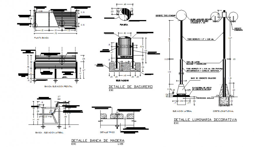 Details of garden furniture and lighting cad drawing details dwg file
