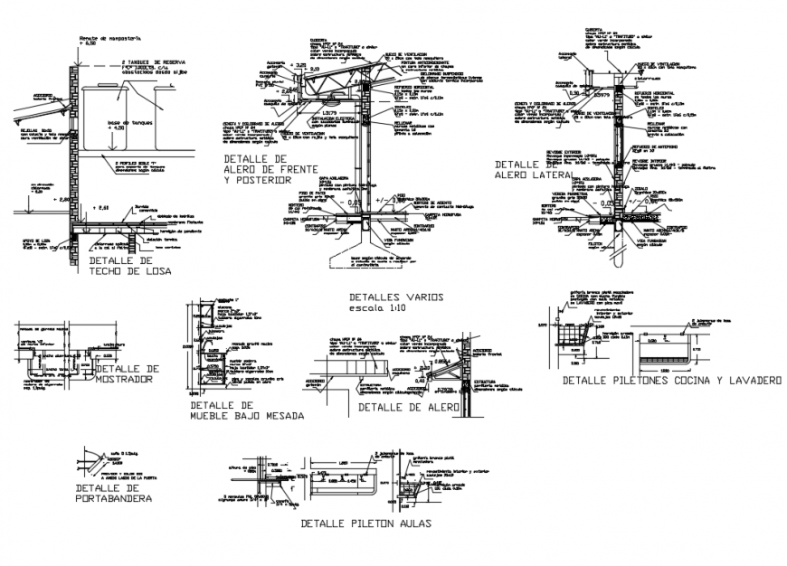 Details of roofs contacts, tanks, kitchen constructive details dwg file