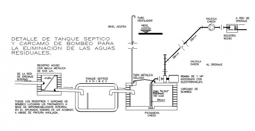 Details of septic tank and pumping car-cam for the elimination of wastewater dwg file