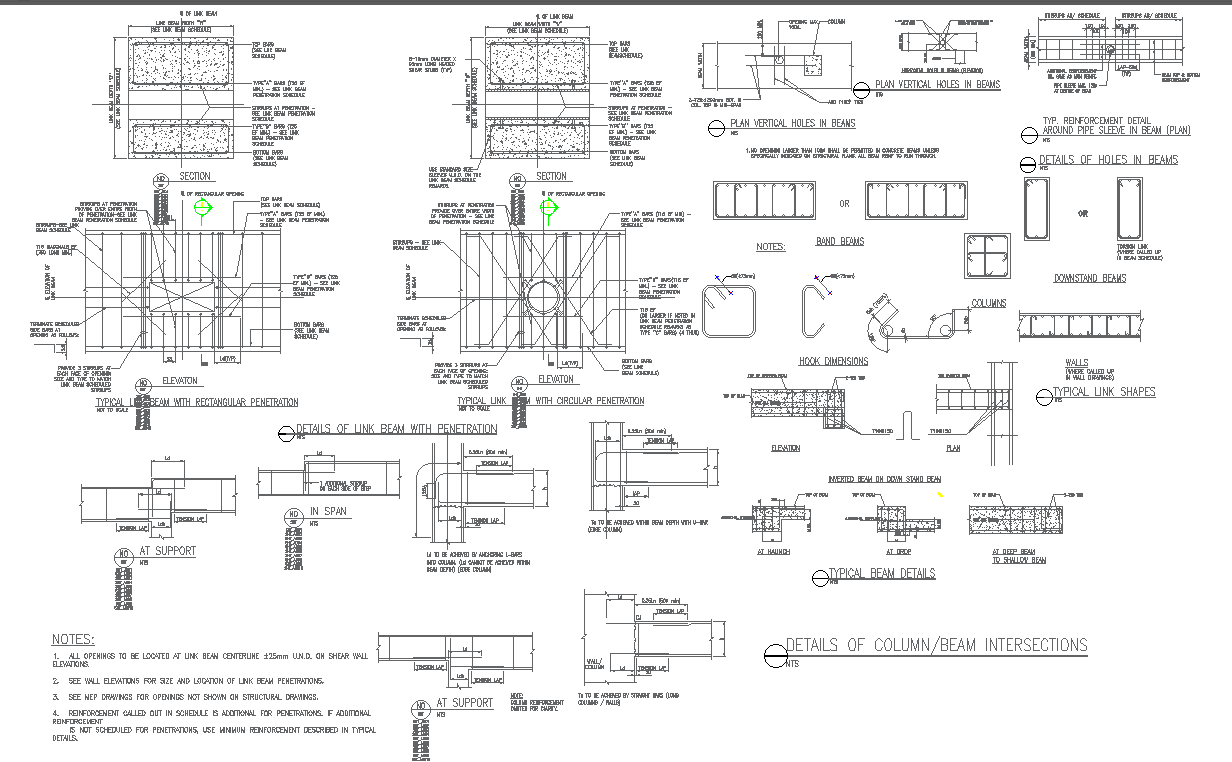 details of column - beam intersection and holes in beam detail dwg autocad drawing .