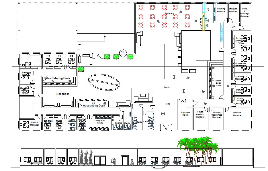 Hotel reception design and floor plan with layout details in DWG File