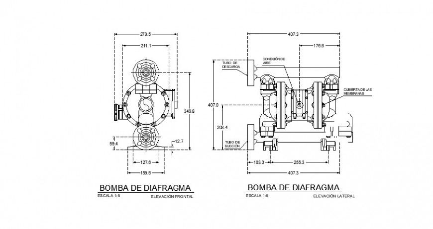 Diaphragm machinery block detail elevation 2d view autocad file