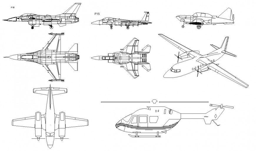 Different airplanes blocks 2d view CAD transportation units autocad file