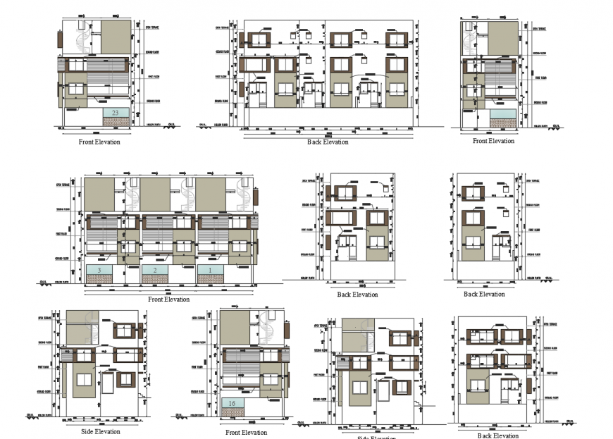 Different axis elevation of residence area in auto cad file
